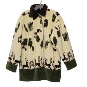 Denali Reversible Hooded Heavy Fleece Coat Deer & Pine Branch Print Women Medium